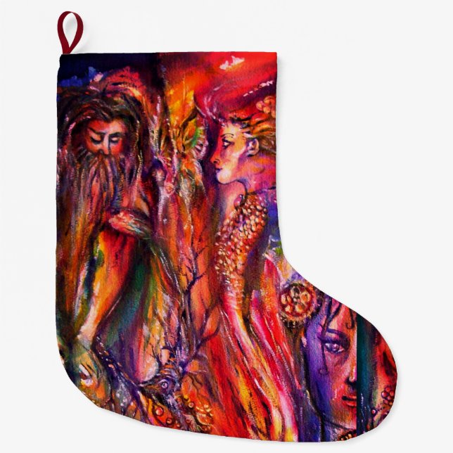 VIVIEN AND MERLIN Red Yellow Blue Fantasy Large Christmas Stocking (Front)