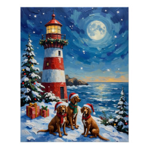 Vizsla Christmas Lighthouse Holiday Poster