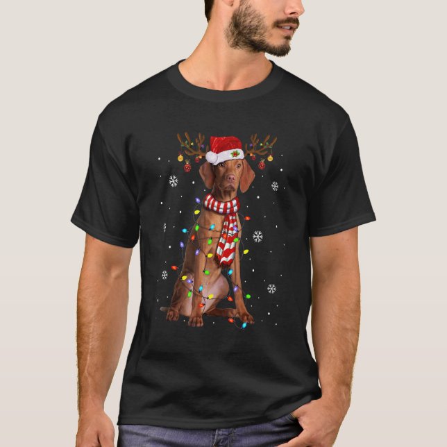 Vizsla Christmas Lights Santa Hat Dog Owner Xmas T-Shirt (Front)