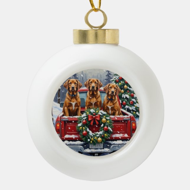Vizsla Christmas Red Truck Holiday Ceramic Ball Christmas Ornament (Front)