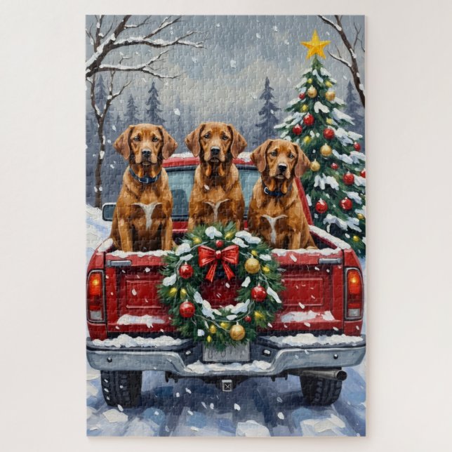 Vizsla Christmas Red Truck Holiday Jigsaw Puzzle (Vertical)