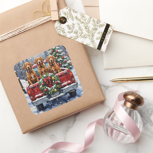 Vizsla Christmas Red Truck Holiday Square Sticker (Gifting)