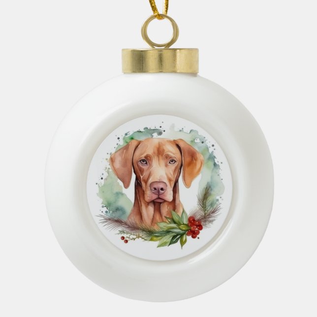 Vizsla Christmas Wreath Festive Pup  Ceramic Ball Christmas Ornament (Front)