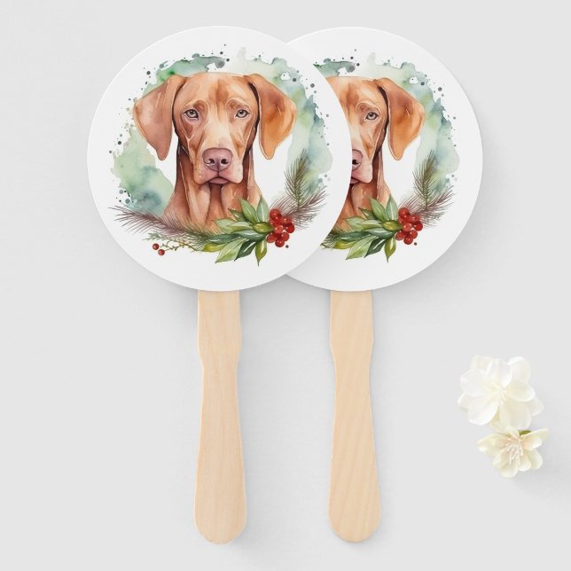 Vizsla Christmas Wreath Festive Pup  Hand Fan (Front and Back)