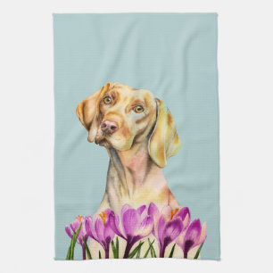 Vizsla Dog and Crocus Flower Watercolor Tea Towel