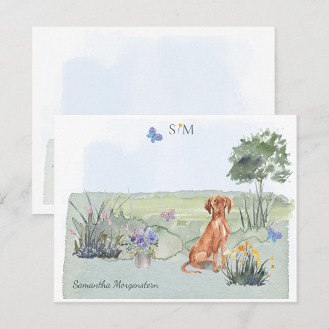Vizsla Dog Butterfly Meadow Monogram & Name   Card (Front/Back)