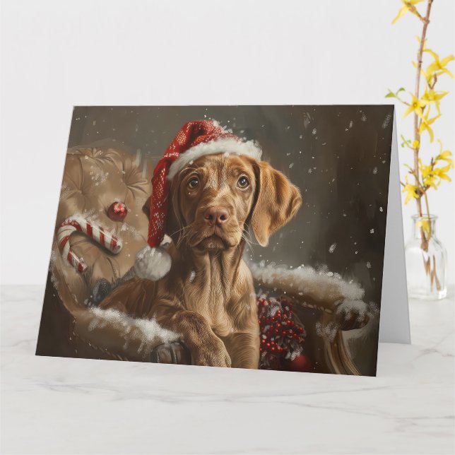Vizsla Dog Christmas Festive  Card (Yellow Flower)