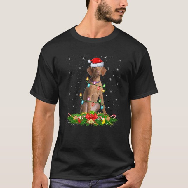 Vizsla Dog Christmas Lights Funny Santa Hat Xmas P T-Shirt (Front)