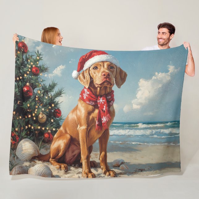 Vizsla Dog Christmas Vintage Beach Fleece Blanket (In Situ)