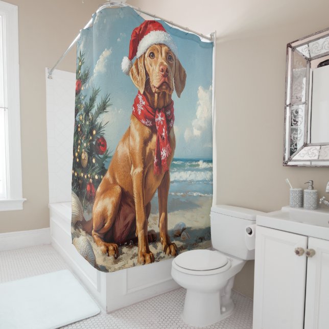 Vizsla Dog Christmas Vintage Beach Shower Curtain (In Situ)