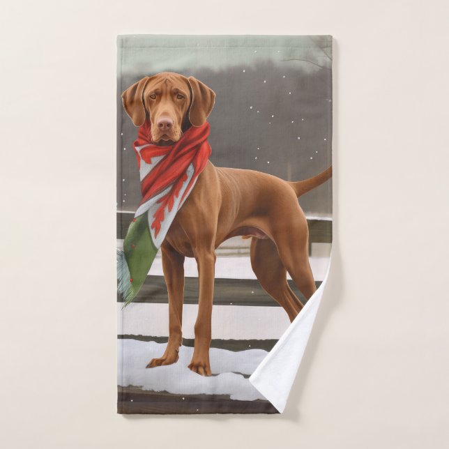 Vizsla Dog in Snow Christmas Bath Towel Set (Hand Towel)