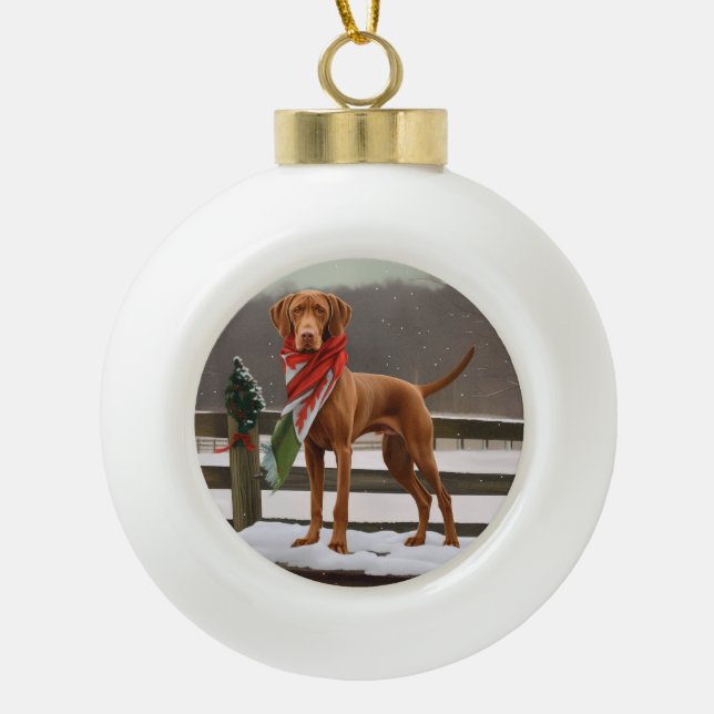 Vizsla Dog in Snow Christmas Ceramic Ball Christmas Ornament (Front)