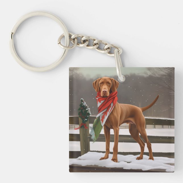 Vizsla Dog in Snow Christmas Key Ring (Front)