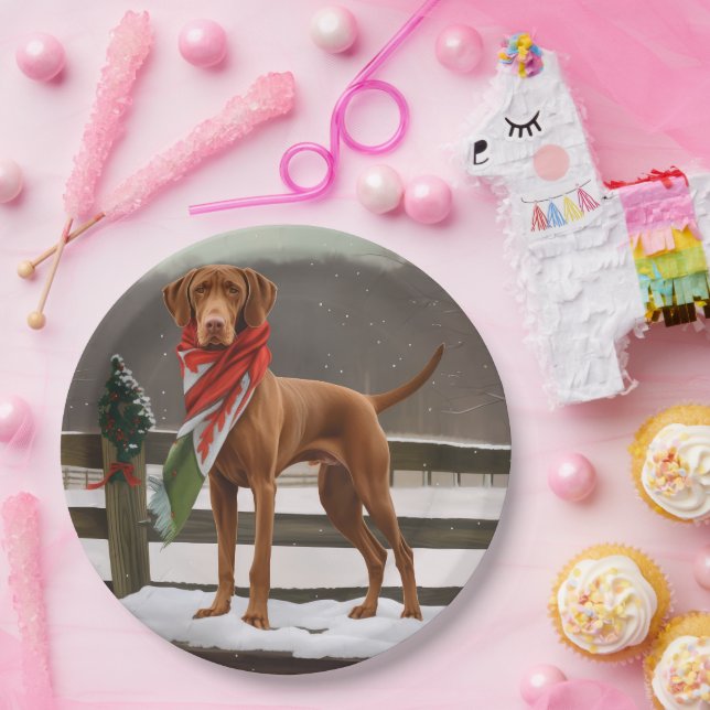 Vizsla Dog in Snow Christmas Paper Plate (Party)