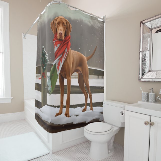 Vizsla Dog in Snow Christmas Shower Curtain (In Situ)