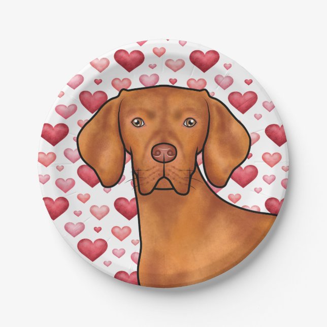 Vizsla Dog Love With Red And Pink Heart Pattern Paper Plate (Front)
