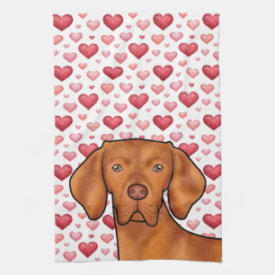 Vizsla Dog Love With Red And Pink Hearts Pattern Tea Towel