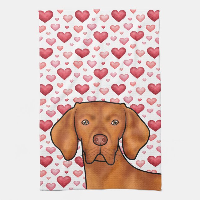 Vizsla Dog Love With Red And Pink Hearts Pattern Tea Towel (Vertical)