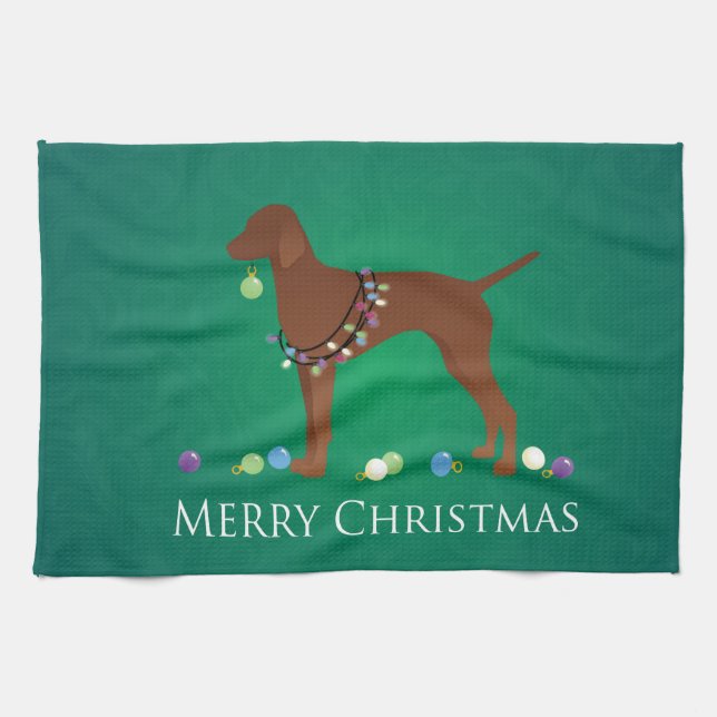 Vizsla Dog Merry Christmas Design Tea Towel (Horizontal)