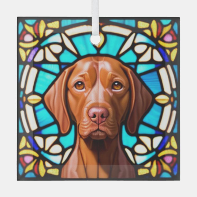 Vizsla Dog "Stained Glass"  Glass Tree Decoration (Front)