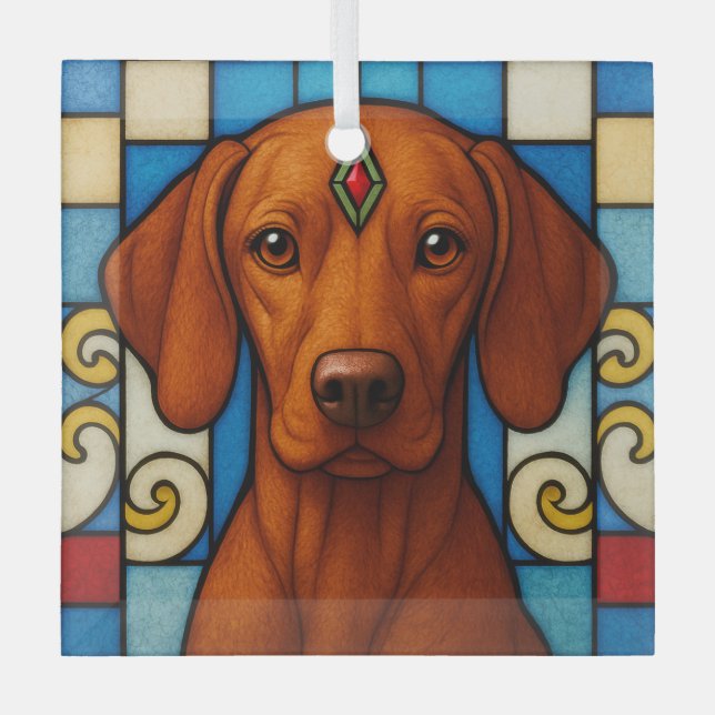Vizsla Dog "Stained Glass"  Glass Tree Decoration (Front)
