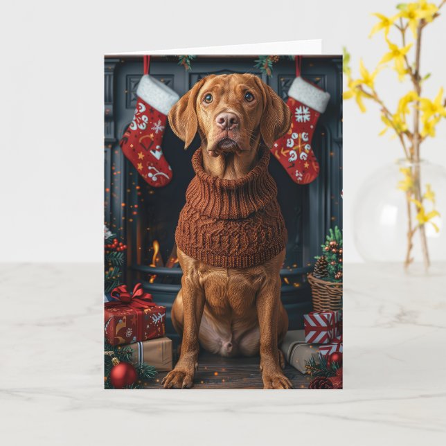 Vizsla Dog With Christmas Gifts Fireplace Card (Yellow Flower)