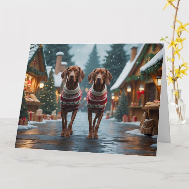 Vizsla Dogs Christmas Snow Holiday Card (Yellow Flower)
