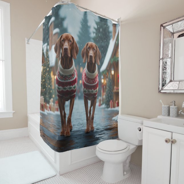 Vizsla Dogs Christmas Snow Holiday Shower Curtain (In Situ)