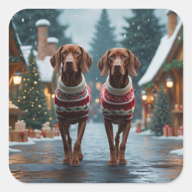 Vizsla Dogs Christmas Snow Holiday Square Sticker (Front)