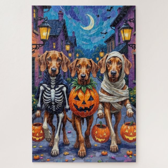 Vizsla Dogs Trick-or-Treating in Halloween Costume Jigsaw Puzzle (Vertical)
