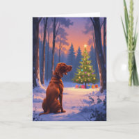 Vizsla Gazing at Christmas Tree in Snowy Forest