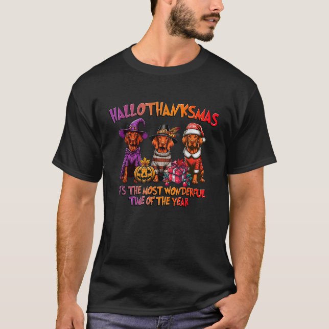 Vizsla Halloween Thanksgiving Christmas Men Women  T-Shirt (Front)