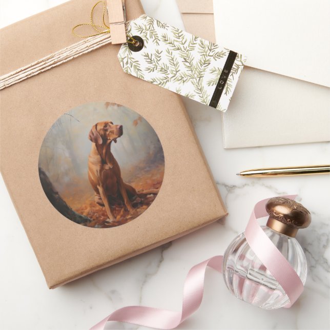 Vizsla in Autumn Leaves Fall Inspire Classic Round Sticker (Gifting)