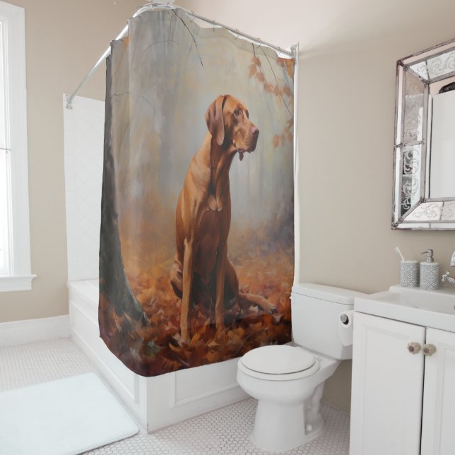 Vizsla in Autumn Leaves Fall Inspire Shower Curtain (In Situ)