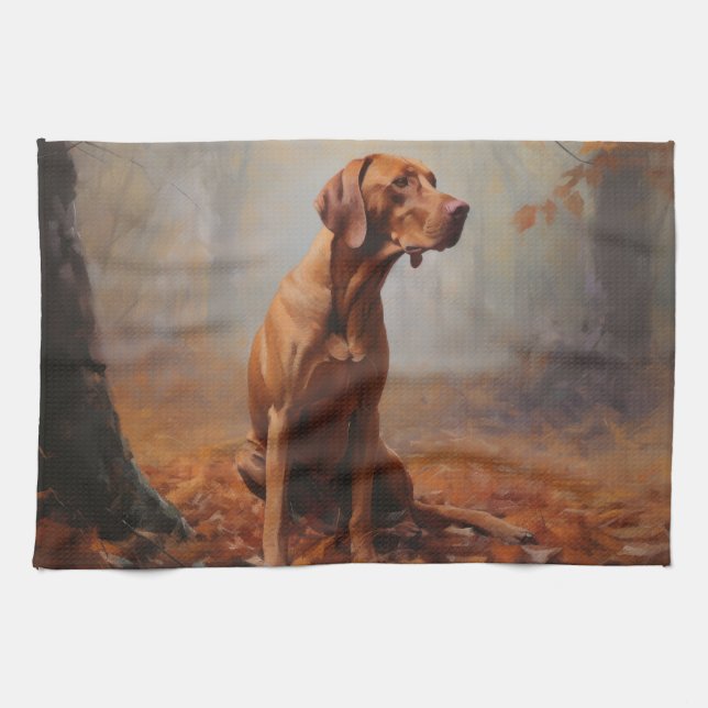 Vizsla in Autumn Leaves Fall Inspire Tea Towel (Horizontal)