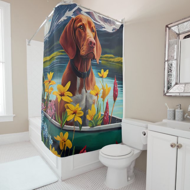 Vizsla on a Paddle: A Scenic Adventure Shower Curtain (In Situ)