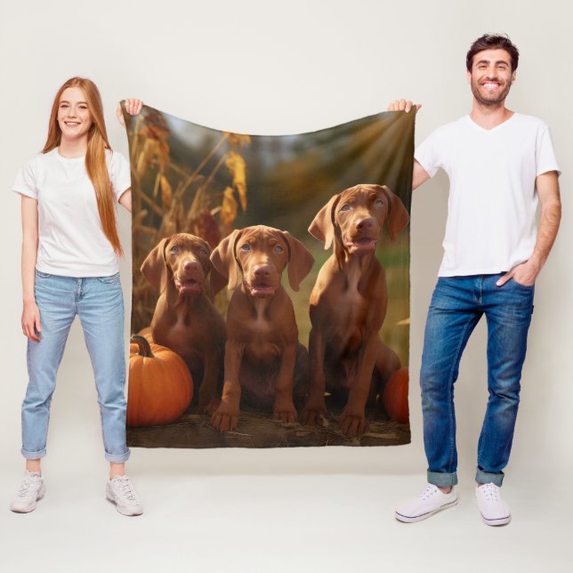 Vizsla Puppy Autumn Delight Pumpkin Fleece Blanket (In Situ)