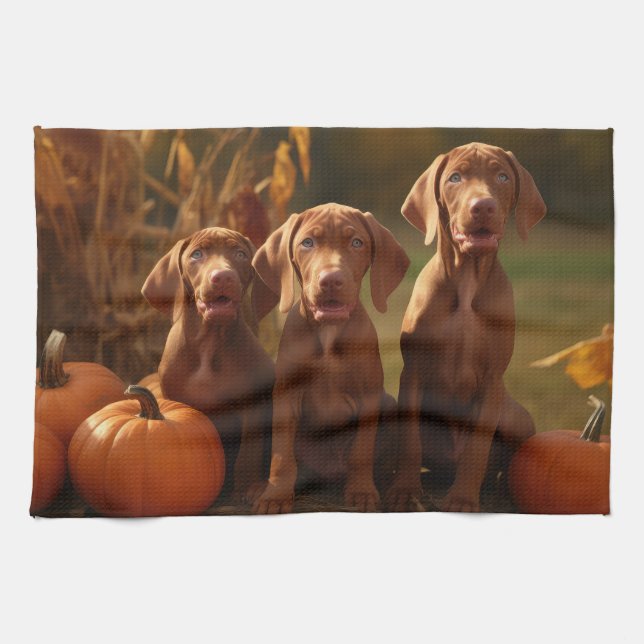 Vizsla Puppy Autumn Delight Pumpkin Tea Towel (Horizontal)