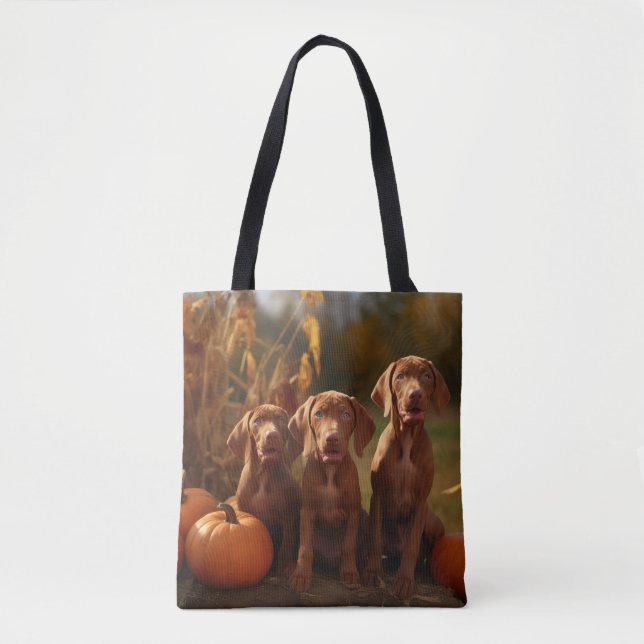 Vizsla Puppy Autumn Delight Pumpkin Tote Bag (Front)