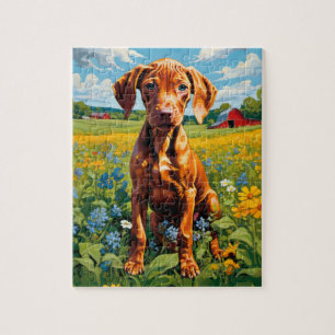 Vizsla Puppy in field of Wildflower range of sizes Jigsaw Puzzle