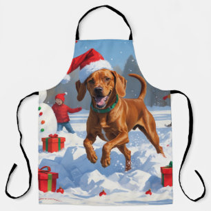 Vizsla Running in Snow with Christmas Hat Apron