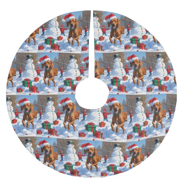 Vizsla Running in Snow with Christmas Hat Brushed Polyester Tree Skirt (Front)
