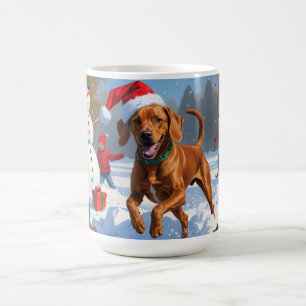 Vizsla Running in Snow with Christmas Hat Coffee Mug