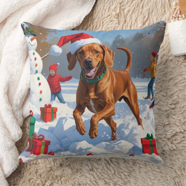 Vizsla Running in Snow with Christmas Hat Cushion (Blanket)