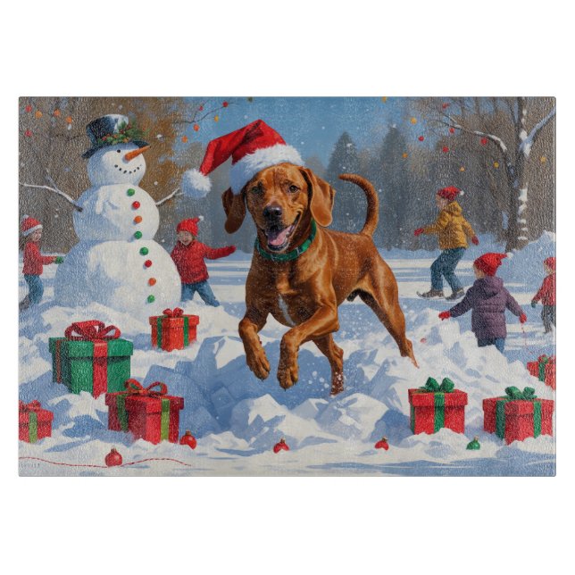 Vizsla Running in Snow with Christmas Hat Cutting Board (Front)
