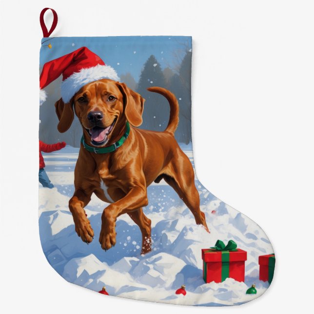 Vizsla Running in Snow with Christmas Hat Large Christmas Stocking (Front)