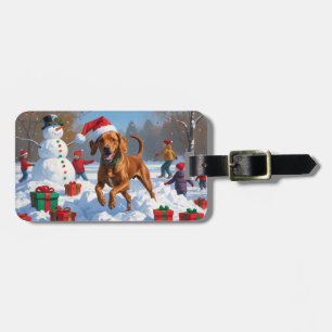 Vizsla Running in Snow with Christmas Hat Luggage Tag