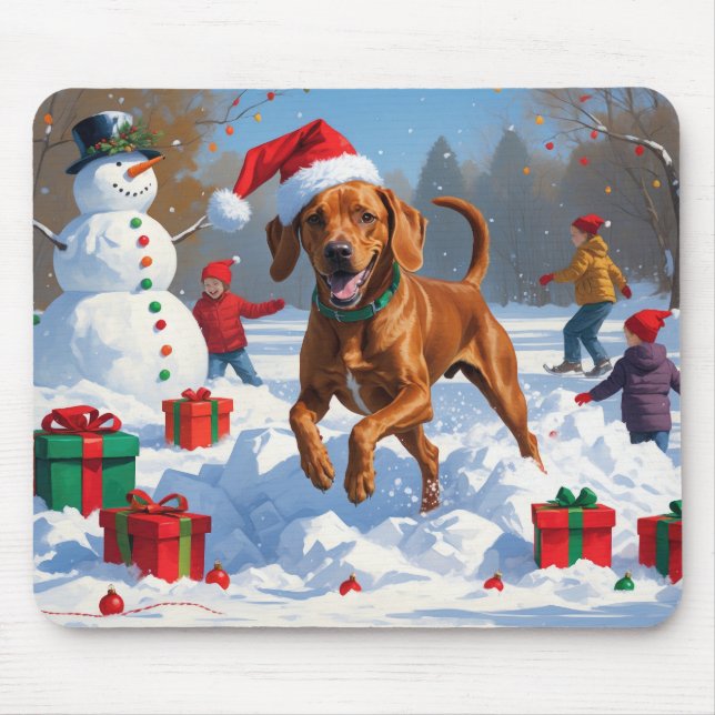 Vizsla Running in Snow with Christmas Hat Mouse Mat (Front)