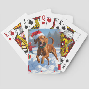 Vizsla Running in Snow with Christmas Hat Playing Cards