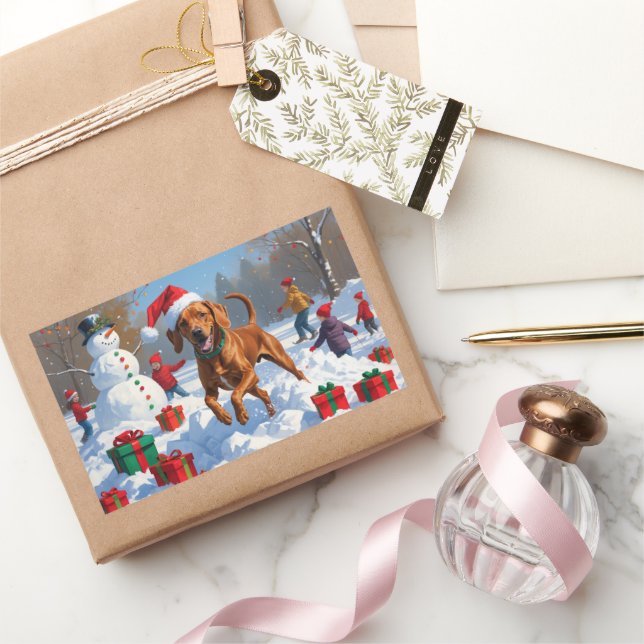 Vizsla Running in Snow with Christmas Hat Rectangular Sticker (Gifting)